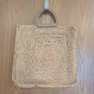 Fifth and Luxe Woven Crossbody Bag with Faux Leather Strap & Wooden Handles Boho